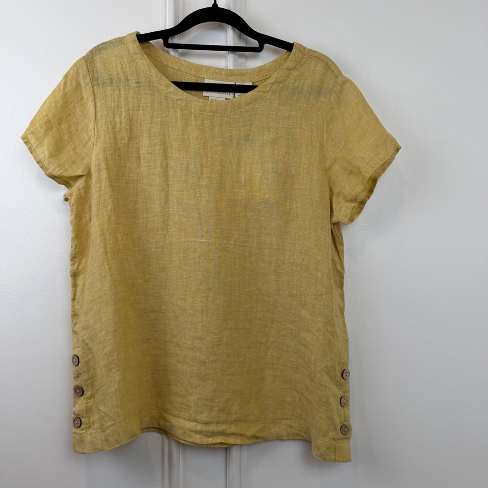 Cynthia Rowley Mustard Yellow 100% Linen Short Sleeve Button Side Top Small NWT